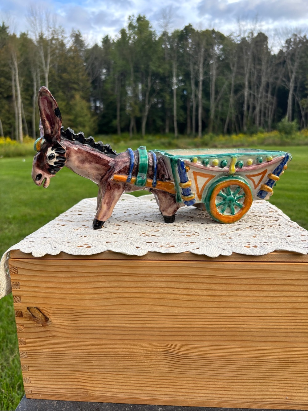 Vintage Hand-painted Donkey Pulling Cart Planter Signed Italy